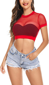 Avidlove Fishnet Crop Top für kurzärmliges Mesh-Bikini-Pullover-Shirt, durchsichtige Bluse