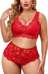 Conjunto de lencería de talla grande Avidlove con encaje, bralette con cuello halter y bragas de cintura alta
