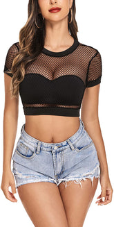 Blusa transparente con manga corta y rejilla de Avidlove para bikini de malla