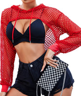 Avidlove Mesh Hoodie Crop Top Fischnetz Shirt Langarm Crop Top Hoodie