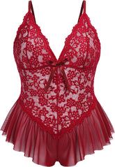 Avidlove Dessous in Übergröße für Spitzen-Bodysuit, einteilig, Teddy, Babydoll, Netzstoff, Chemise, V-Ausschnitt, Nachtwäsche, L-4XL
