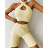 Seamless Gym Yoga Set Cross Front Straps Sport Bra & Shorts for Women