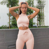 Nahtloses Gym-Yoga-Set mit hohem Halsausschnitt und Leggings für Damen