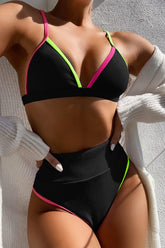 Triangel-Bikinioberteil mit geripptem Colorblock-Design in Pink und Limettenschwarz