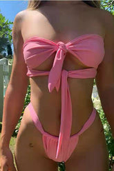 Brasilianisches Bikini-Set mit doppelter Schnürung vorne und Rüschen - Grün/Pink/Schwarz/Schokolade/Blau