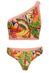 Conjunto de bikini de cintura alta con un solo hombro y estampado de hojas de guacamayo