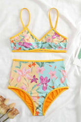 Conjunto de bikini reversible de cintura alta con escote en V y estampado de flores e islas en color naranja