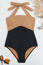 Color Block Halter Neck Open Back One Piece Swimsuit - Black & Chocolate