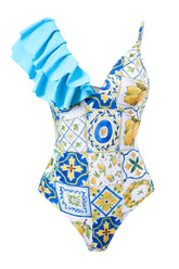 Traje de baño de una pieza con escote pronunciado y volantes con frutas y flores