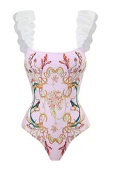 Traje de baño de una pieza con hombros con volantes y estampado floral y de pájaros