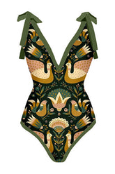 Traje de baño de una pieza con escote pronunciado y lazo en los hombros con estampado de pato mandarín