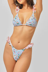 Conjunto de bikini de triángulo con volantes y lazo en la espalda con estampado floral