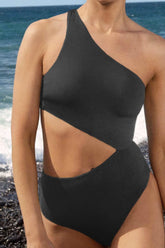 Cut-Out One-Shoulder Einteiler Badeanzug - Schwarz/Rot/Petrol/Hellrosa
