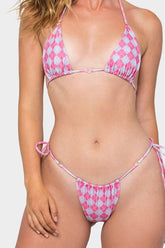 Conjunto de bikini de triángulo con cuello halter y lazos laterales con estampado de jacquard y detalle de aro