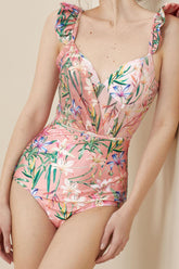 Traje de baño de una pieza con escote pronunciado y aros con estampado floral y volantes