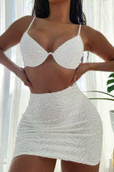 White Textured V-Wire Balconette High-Cut Bikini Set With Short Beach Skirt