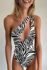 Zebra Print Cut Out One-Shoulder One-Piece Swimsuit