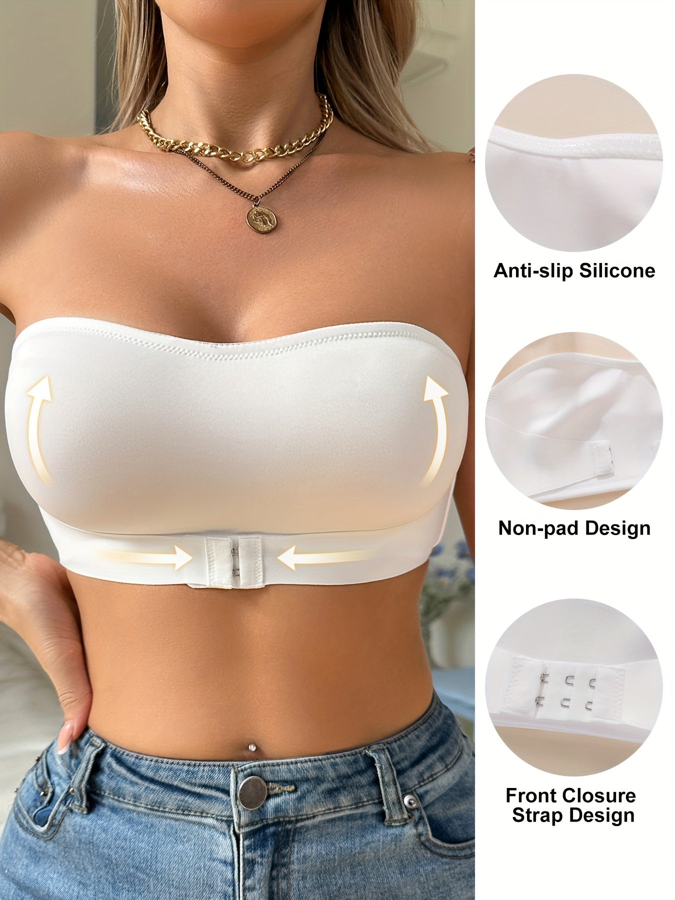 Simple Solid Front-Closure Hook And Eye Strapless Wireless Bra White