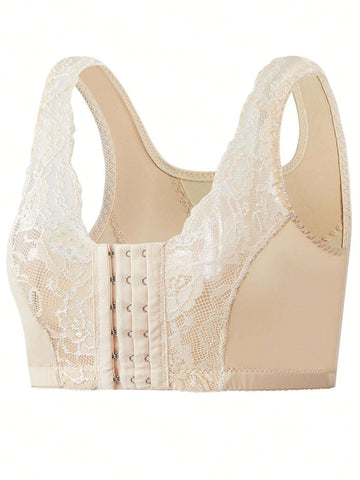 Plus Size Front Closure Lace Butterfly Wireless Bra Beige