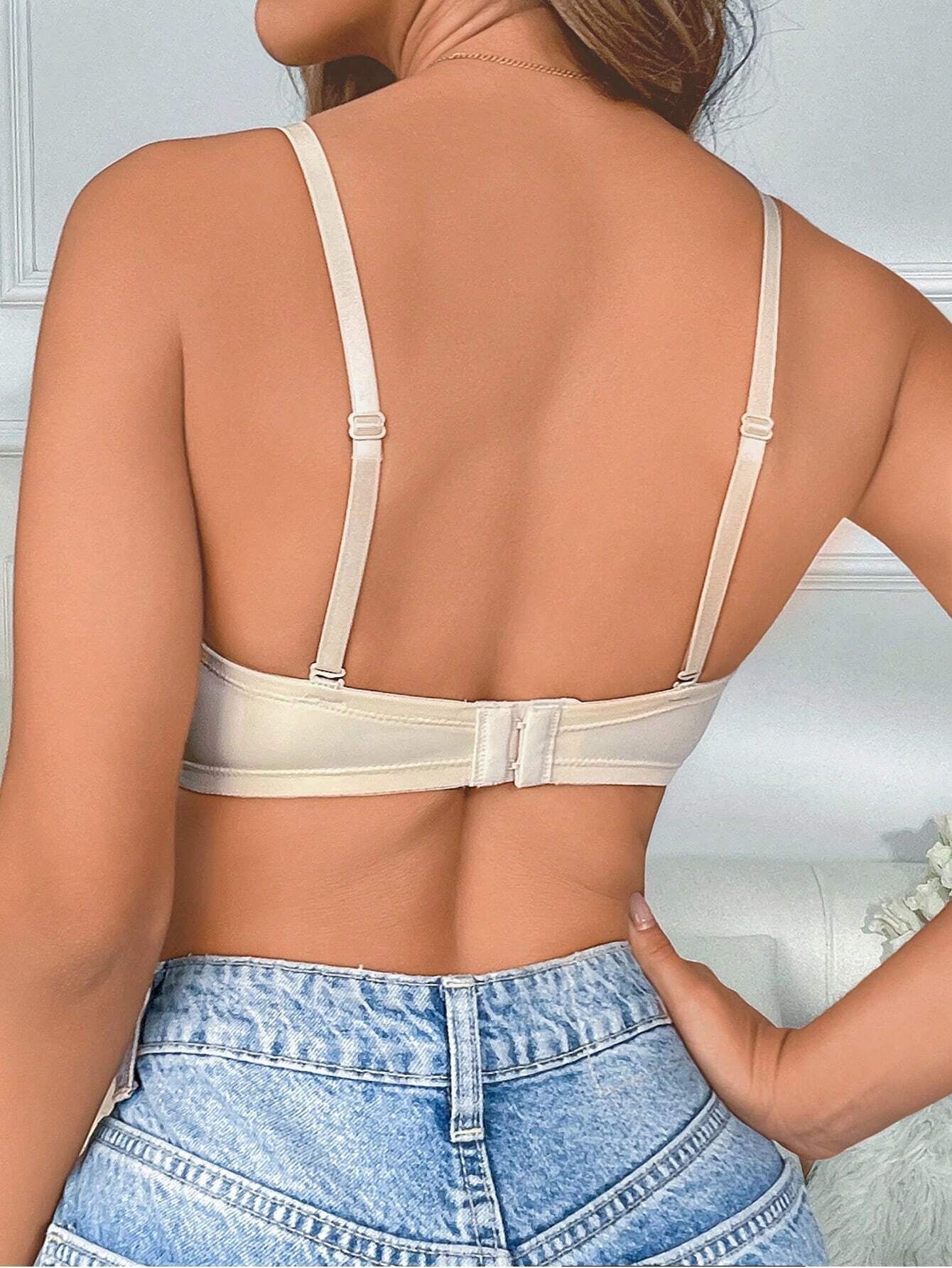 Sexy Halbschalen-BH mit gerafftem Verschluss vorne und hinten, rutschfest, Beige