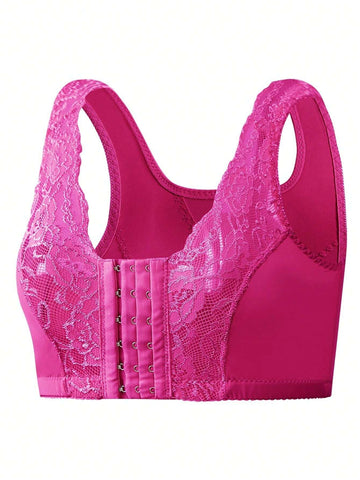 Plus Size Front Closure Lace Butterfly Wireless Bra Fuchsia