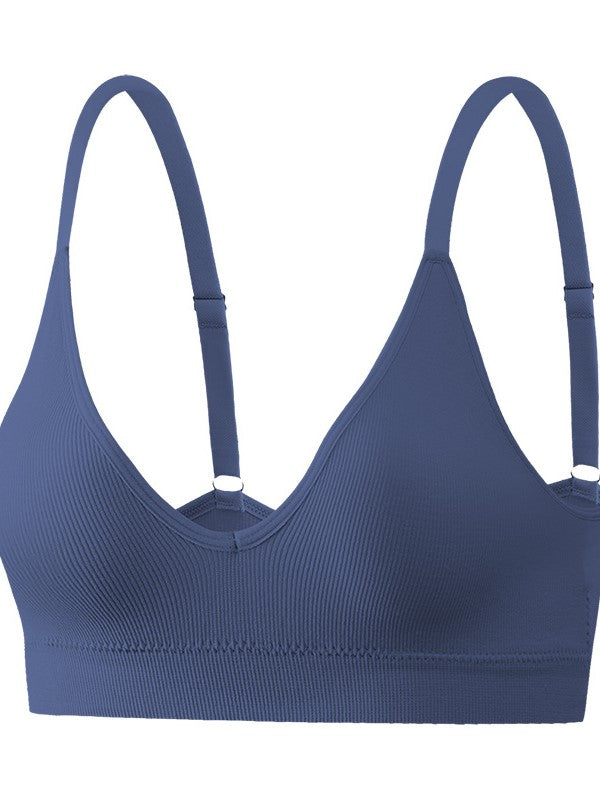 Deep V Solid Color Ribbed Knit Seamless Bra Blue