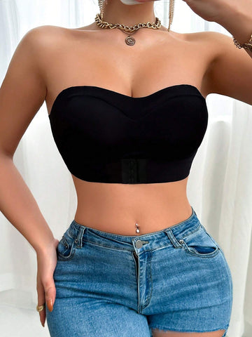 Solid Color Front Closure Push Up Strapless Bra Black