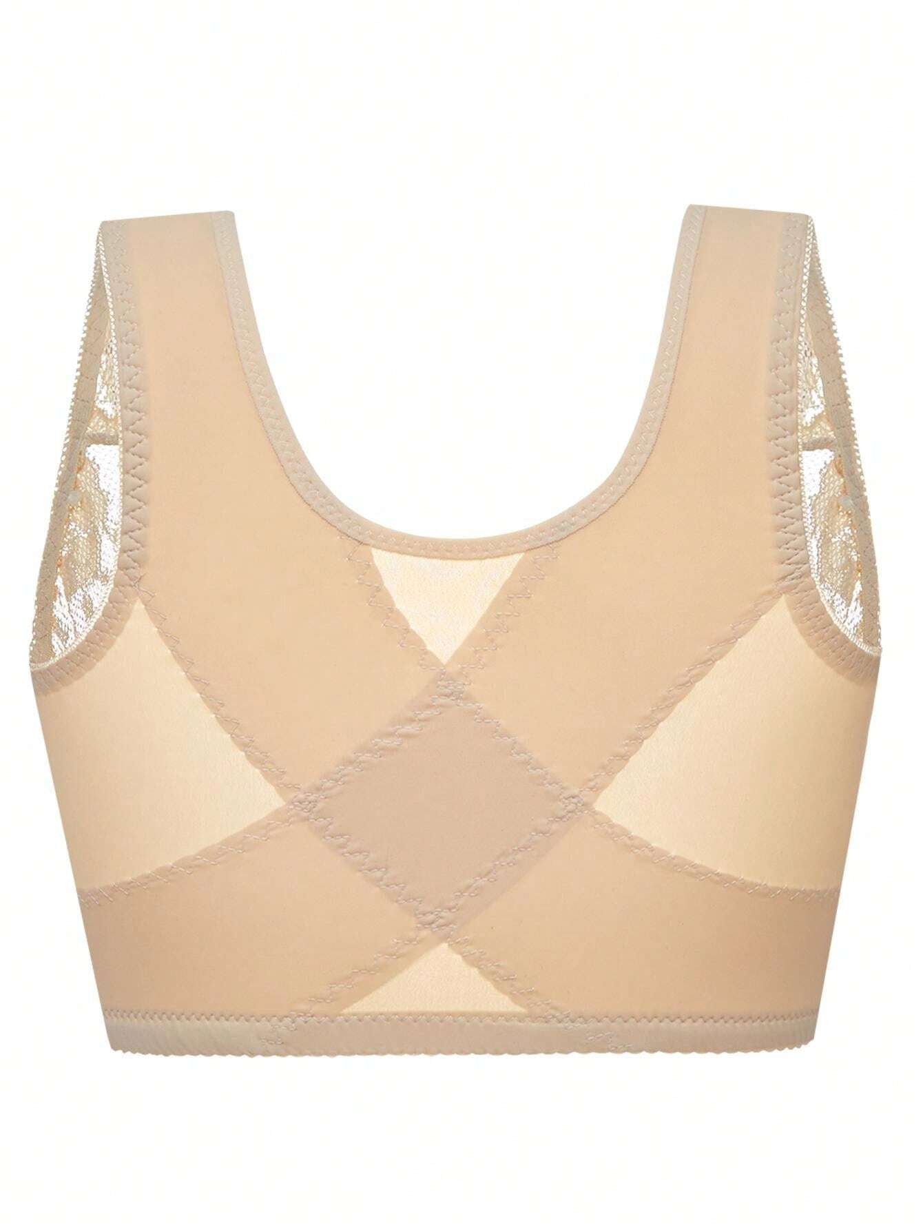 Plus Size Front Closure Lace Butterfly Wireless Bra Beige