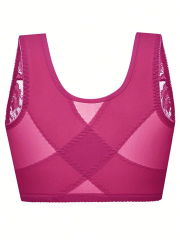 Plus Size Front Closure Lace Butterfly Wireless Bra Fuchsia