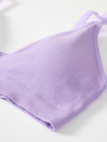 Deep V Solid Color Ribbed Knit Seamless Bra Linen