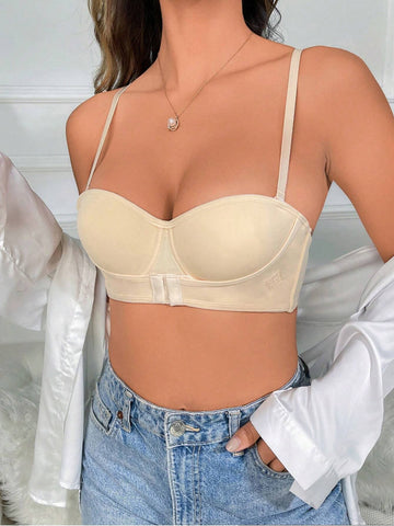 Sexy Halbschalen-BH mit gerafftem Verschluss vorne und hinten, rutschfest, Beige