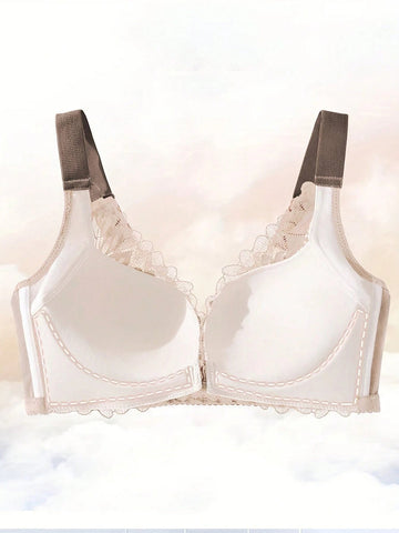 Sexy Spitze Bequemer Atmungsaktiver Frontverschluss-BH Beige