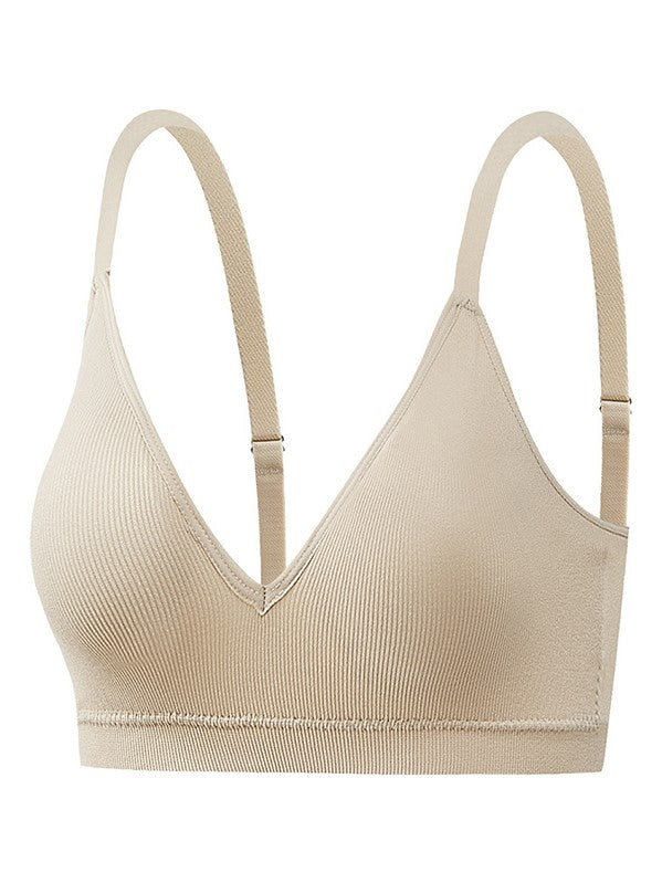 Deep V Solid Color Ribbed Knit Seamless Bra Linen