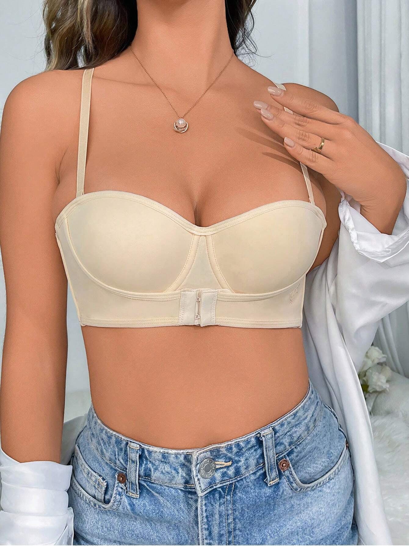 Sexy Half Cup Front and Back Clasp Gathered Non-slip Bra Beige