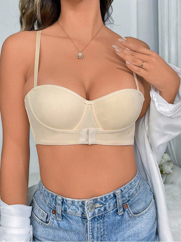 Sexy Halbschalen-BH mit gerafftem Verschluss vorne und hinten, rutschfest, Beige