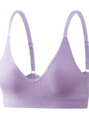 Deep V Solid Color Ribbed Knit Seamless Bra Violet