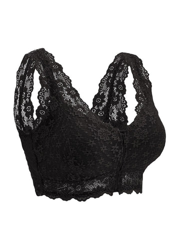 Women's Lace Front Closure Padded Everyday Short Bra .Plus Size Black