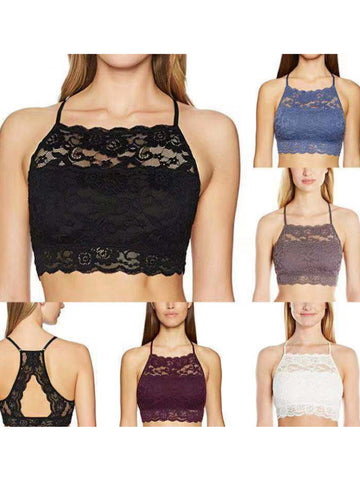 Sexy Lace Crop Double Layered Wireless High-Neck Bra