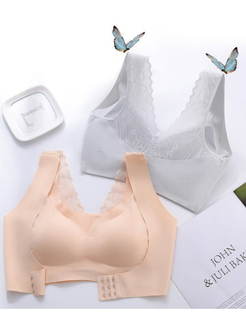 Front Closure Lace Seamless Wireless Bra Padded, Non-Slip, Beautiful Back, Large Sizes Gray