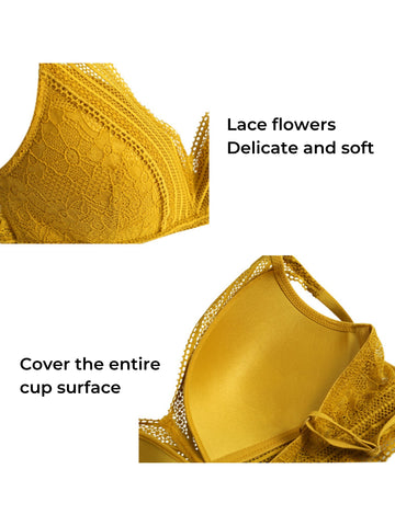 Semi-sheer Lace Scoop Bras, Comfort Wireless Everyday Bra Set Yellow