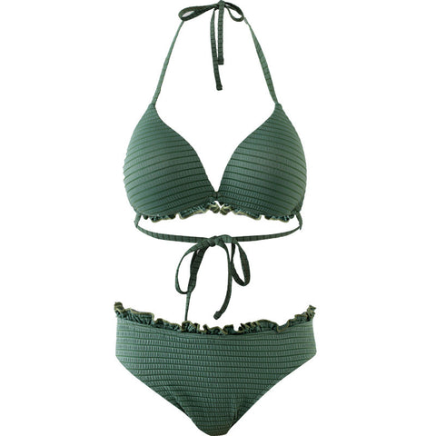 Braguita de bikini de cintura alta con ribete de volante fruncido de color jade