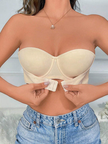 Sexy Halbschalen-BH mit gerafftem Verschluss vorne und hinten, rutschfest, Beige