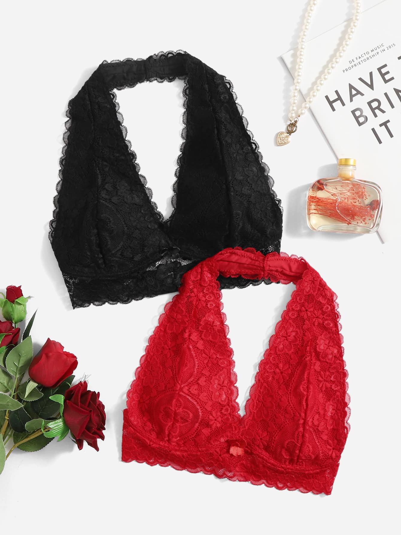 Bralette sexy de encaje con copa triangular sin aros en rojo oscuro