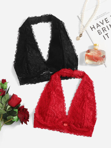 Bralette sexy de encaje con copa triangular sin aros en rojo oscuro