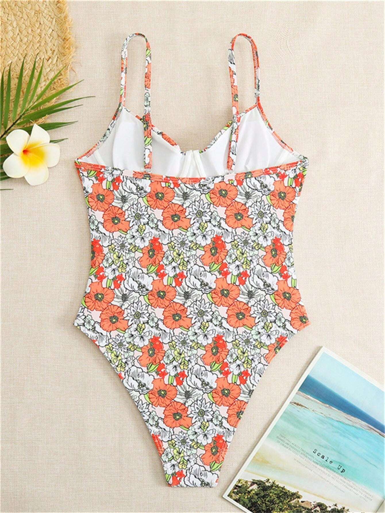 Olive Floral Print Underwired One Piece Swimsuit - Yellow Flower