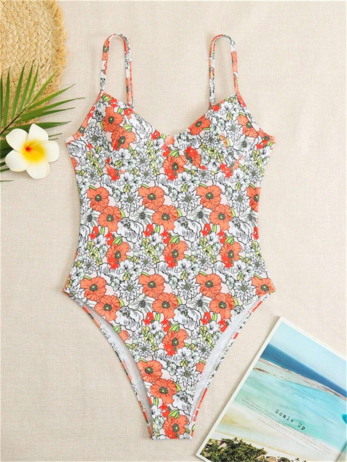 Olive Floral Print Underwired One Piece Swimsuit - Yellow Flower