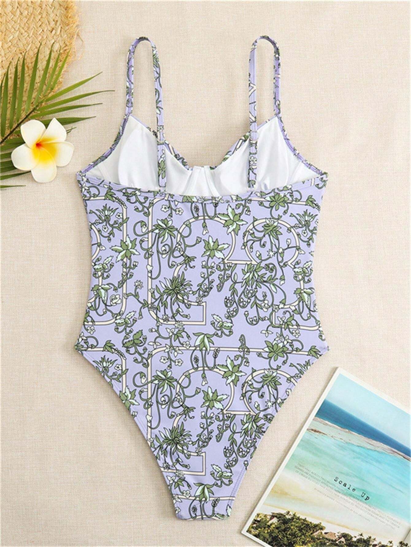 Olive Floral Print Underwired One Piece Swimsuit - Purple