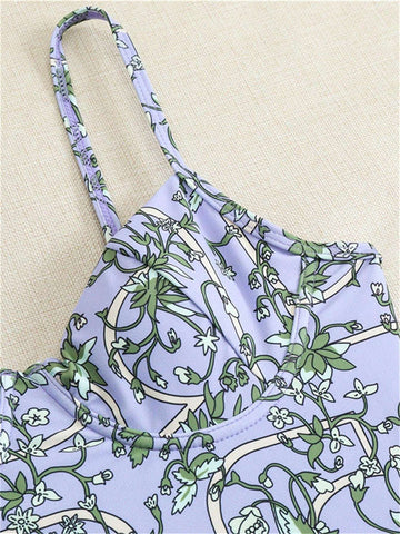 Olive Floral Print Underwired One Piece Swimsuit - Purple