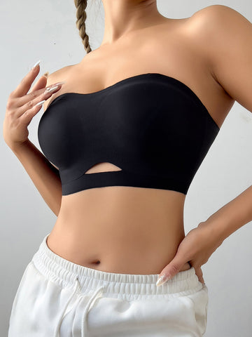 Solid Color Seamless Cutout Sexy Strapless Push-Up Bra Black