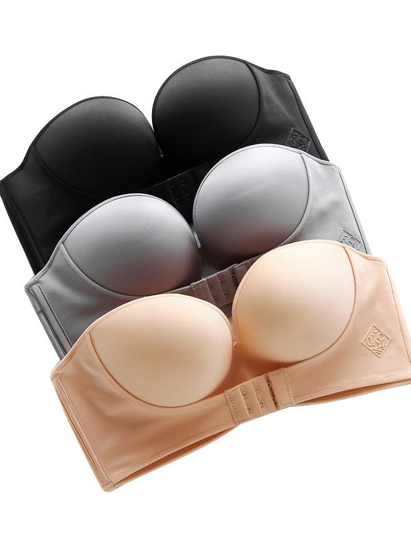 Strapless Invisible Push-up Front Buckle Non-Slip Wireless Lift Bra Beige